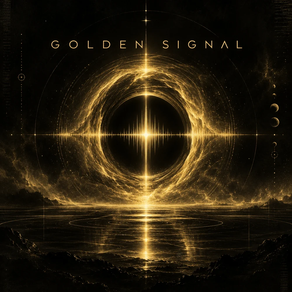 Golden Signal artwork: a glowing golden frequency reflected in still water